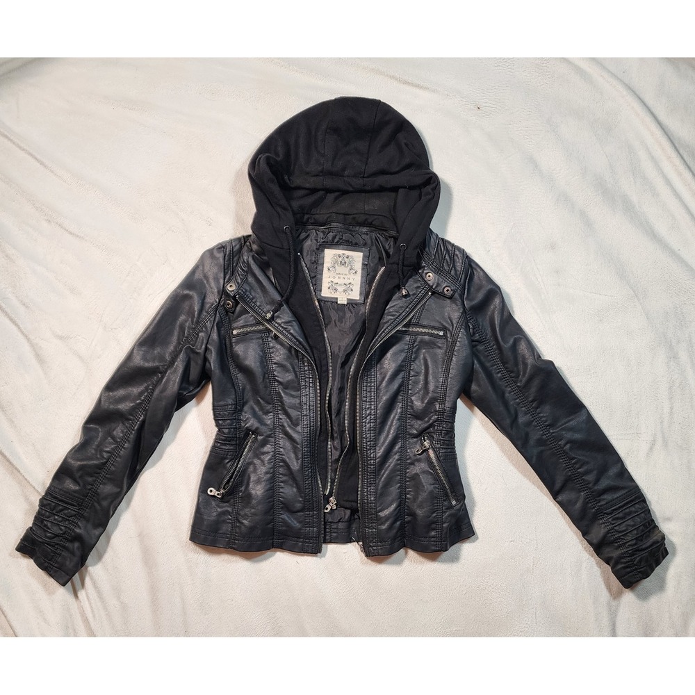Made By Johnny Women Black Faux Leather Moto Jacket Removable Hood Small WJ663
